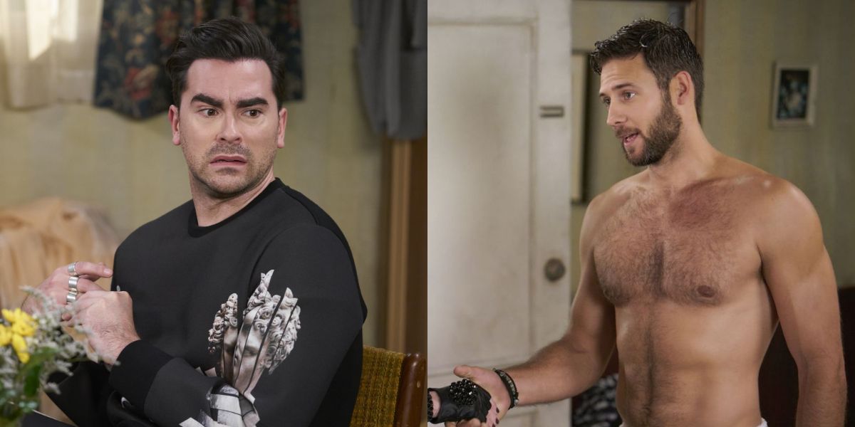 Split image of David looking disturbed and Jake shirtless looking at someone out of image in Schitt's Creek.