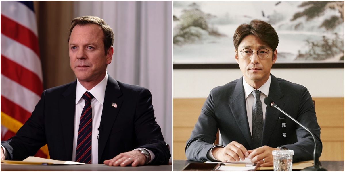 Kiefer Sutherland as Tom Kirkman and Ji Jin-hee as Park Mu-jin in Designated Survivor