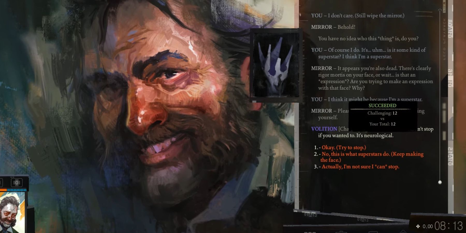 A dialogue box from Disco Elysium beside an image of the main character.
