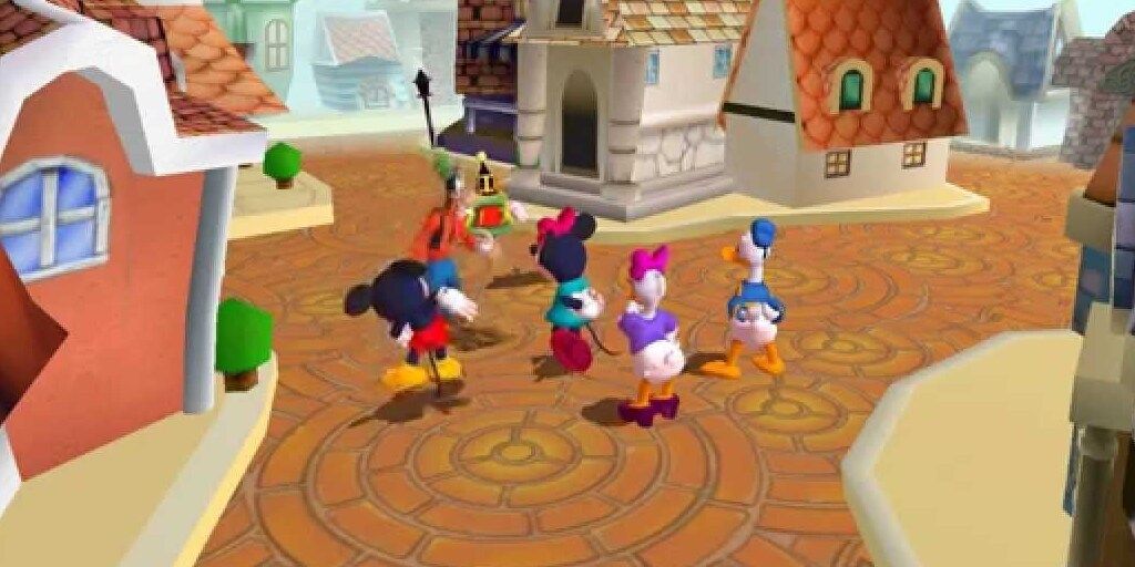 Characters gathered in a town square