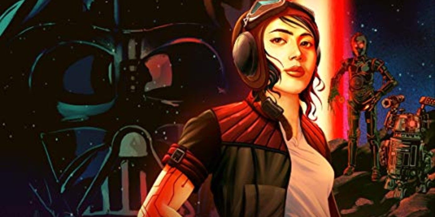 The Cover of the Doctor Aphra Audio book with the titular character flanked by Darth Vader and two droids