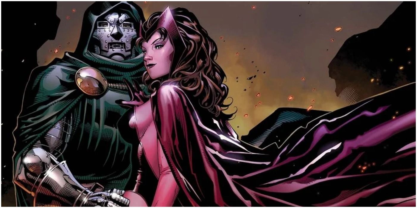 Dr Doom and Scarlet Witch stand among the wreckage