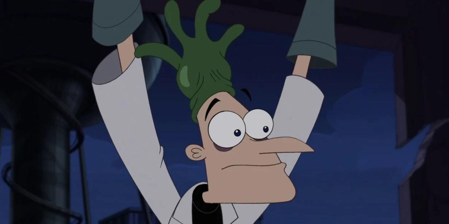 Dr. Heinz Doofenshmirtz raising his arms up in Phineas and Ferb.