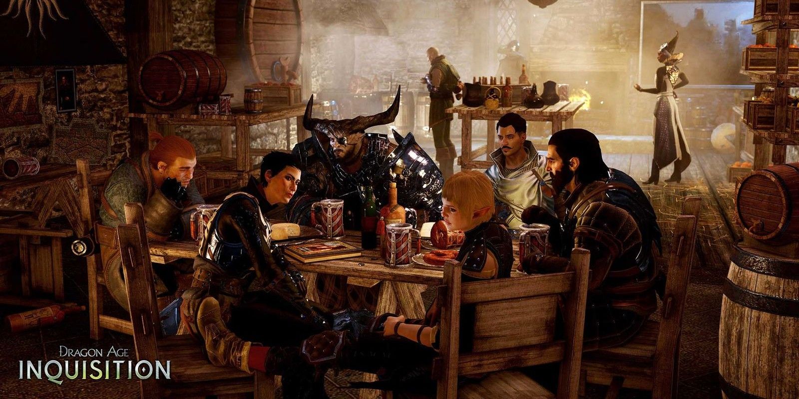 Some companions sit at the tavern and share a drink in Dragon Age: Inquisition