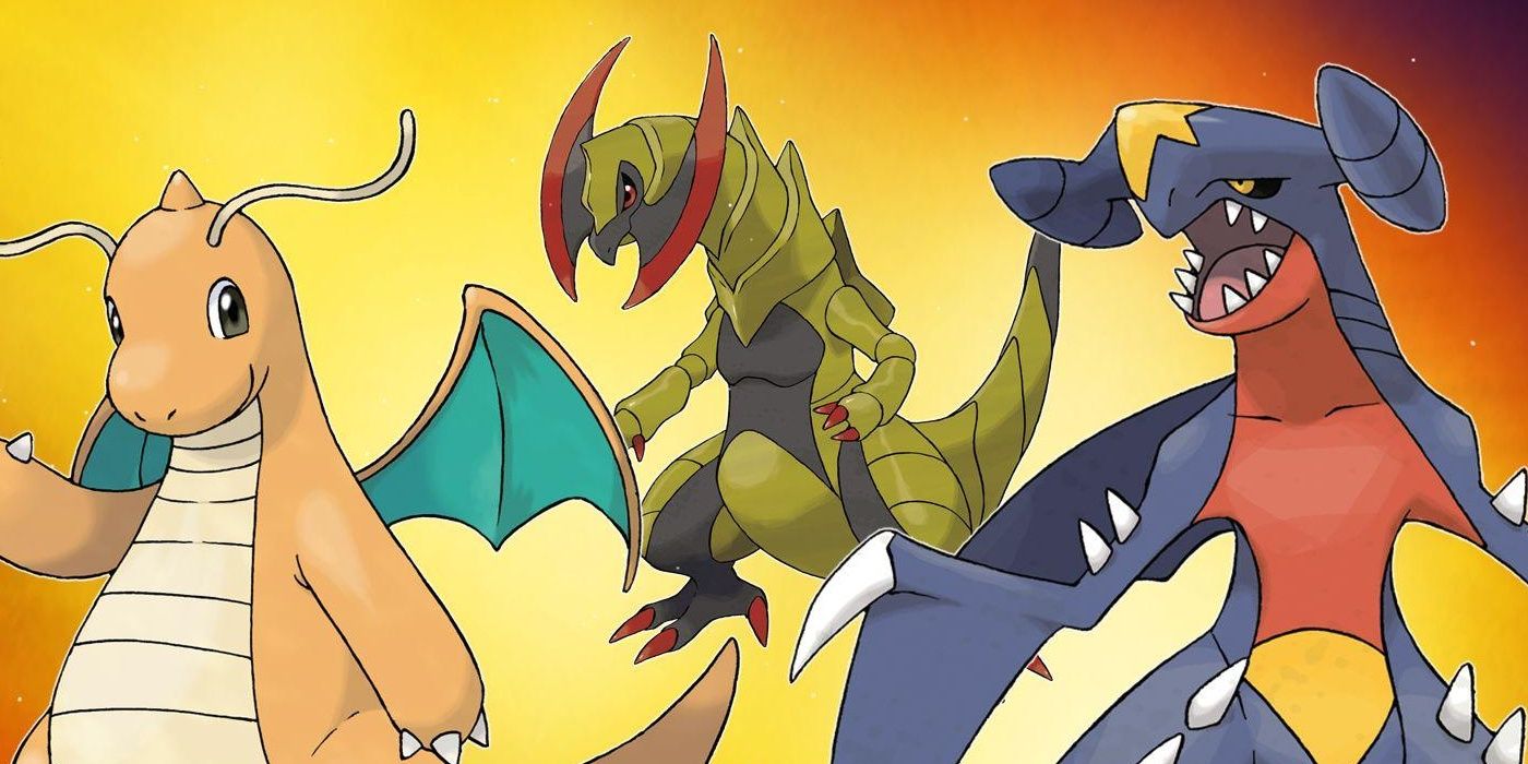 Several Dragon-type Pokemon on a fiery gradiant.