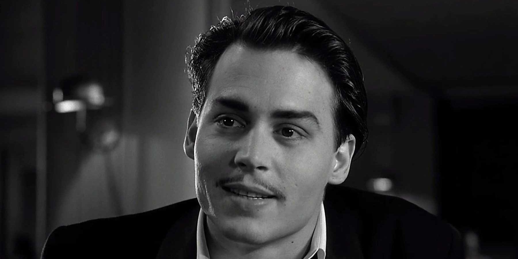 Ed Wood played by Johnny Depp smiling black and white