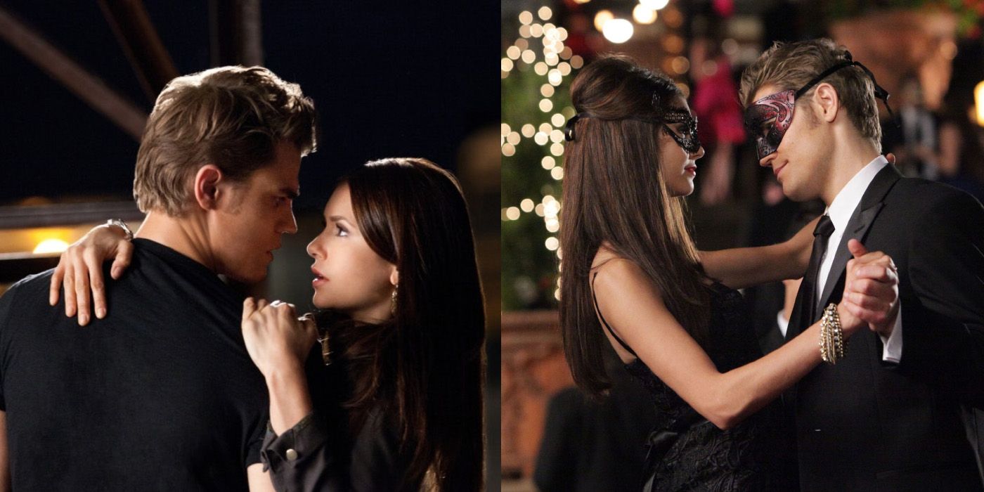 Split image of Stefan catching Elena and Stefan dancing with Katherine in The Vampire Diaries.