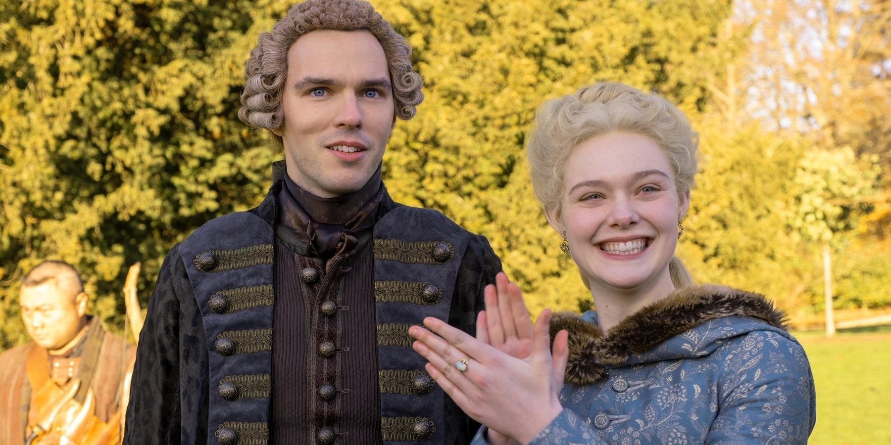 Ella Fanning and Nicholas Hoult as Catherine and Peter in The Great.