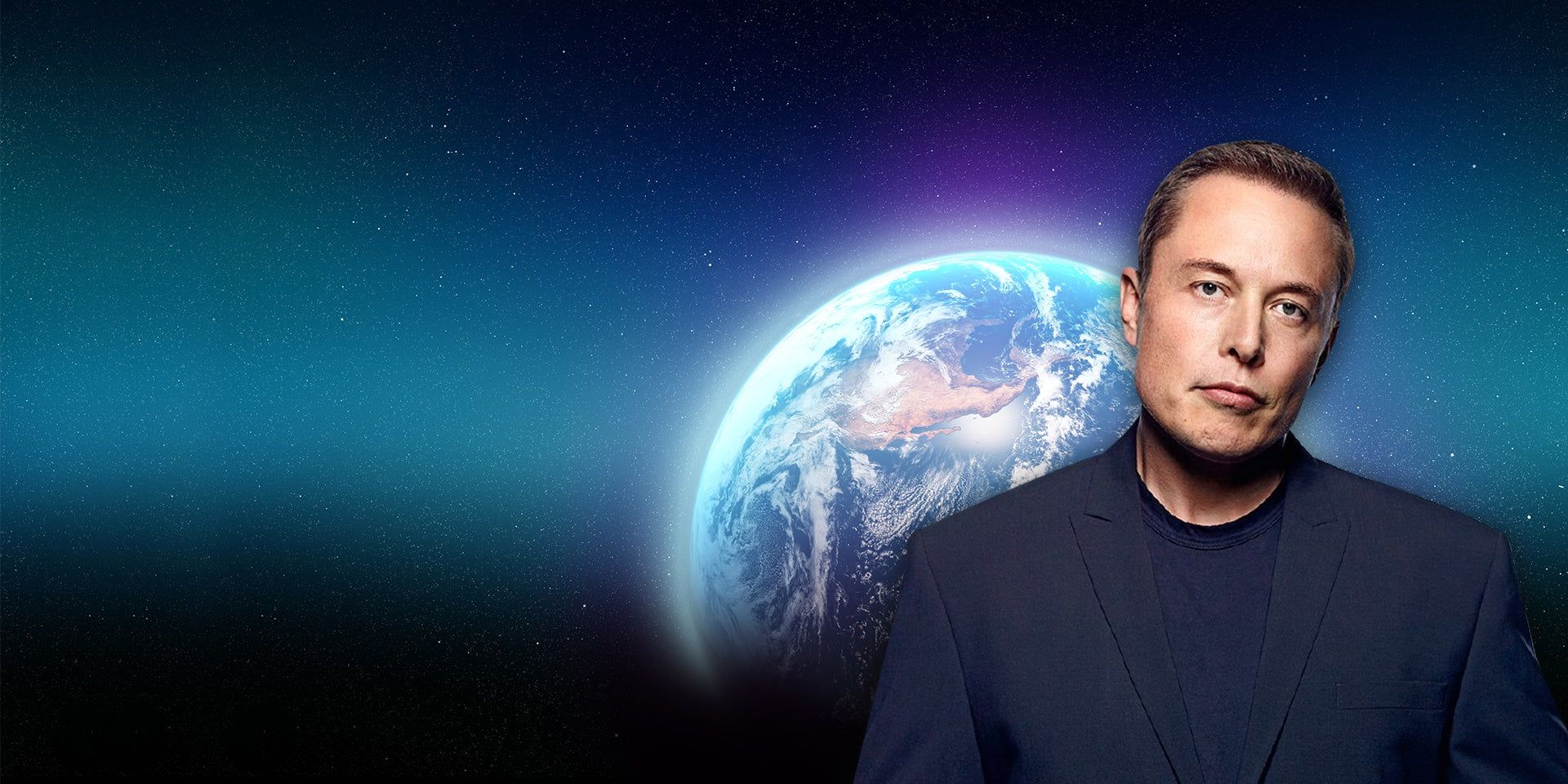Elon Musk in front of a space and Earth background