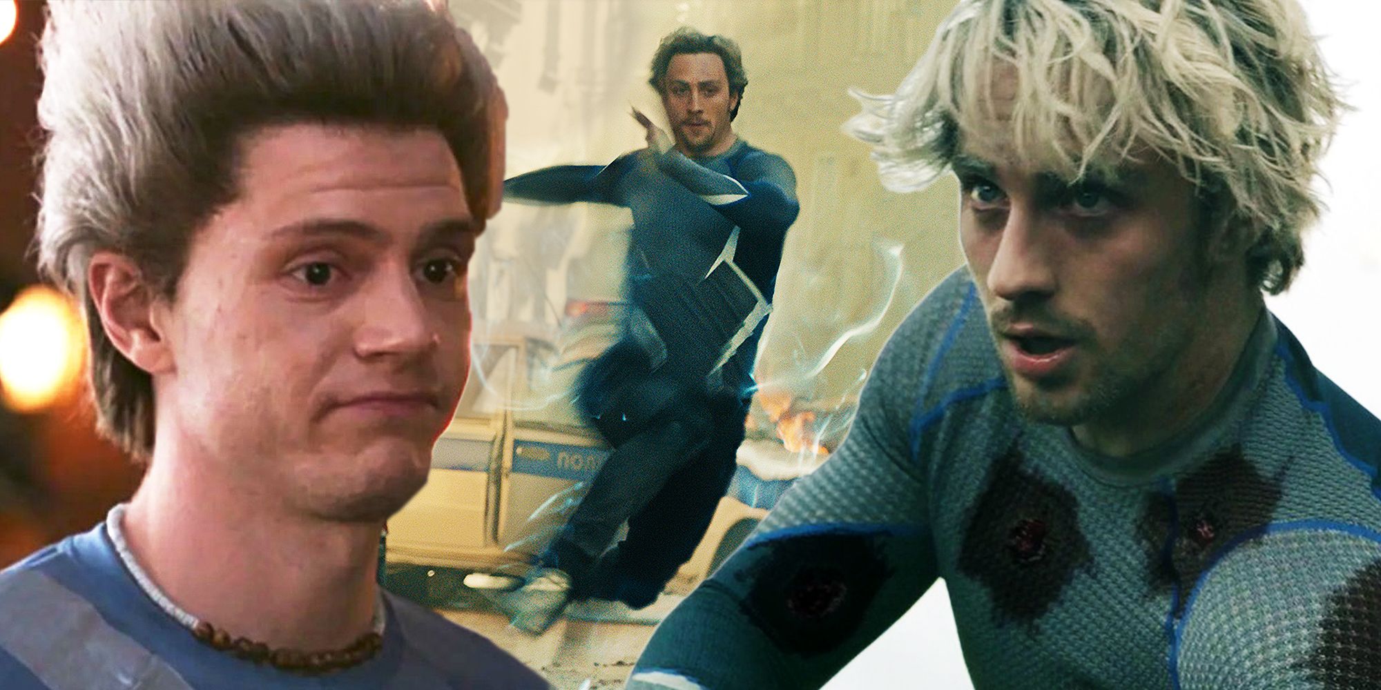 Evan Peters as Quicksilver in WandaVision and Aaron Taylor-Johnson as Pietro Maximoff in Avengers Age of Ultron