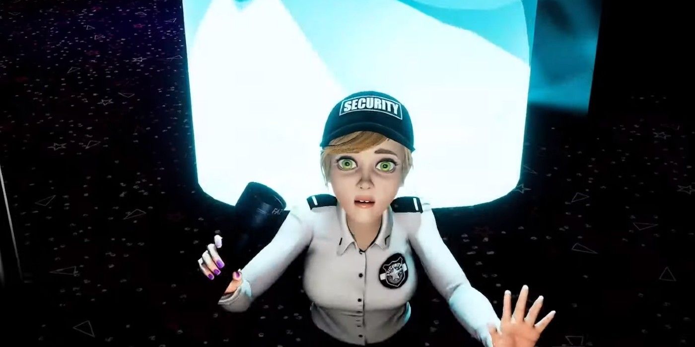 FNAF Security Breachfemale security guard holds up hands in "wait" gesture with pleading big eyes