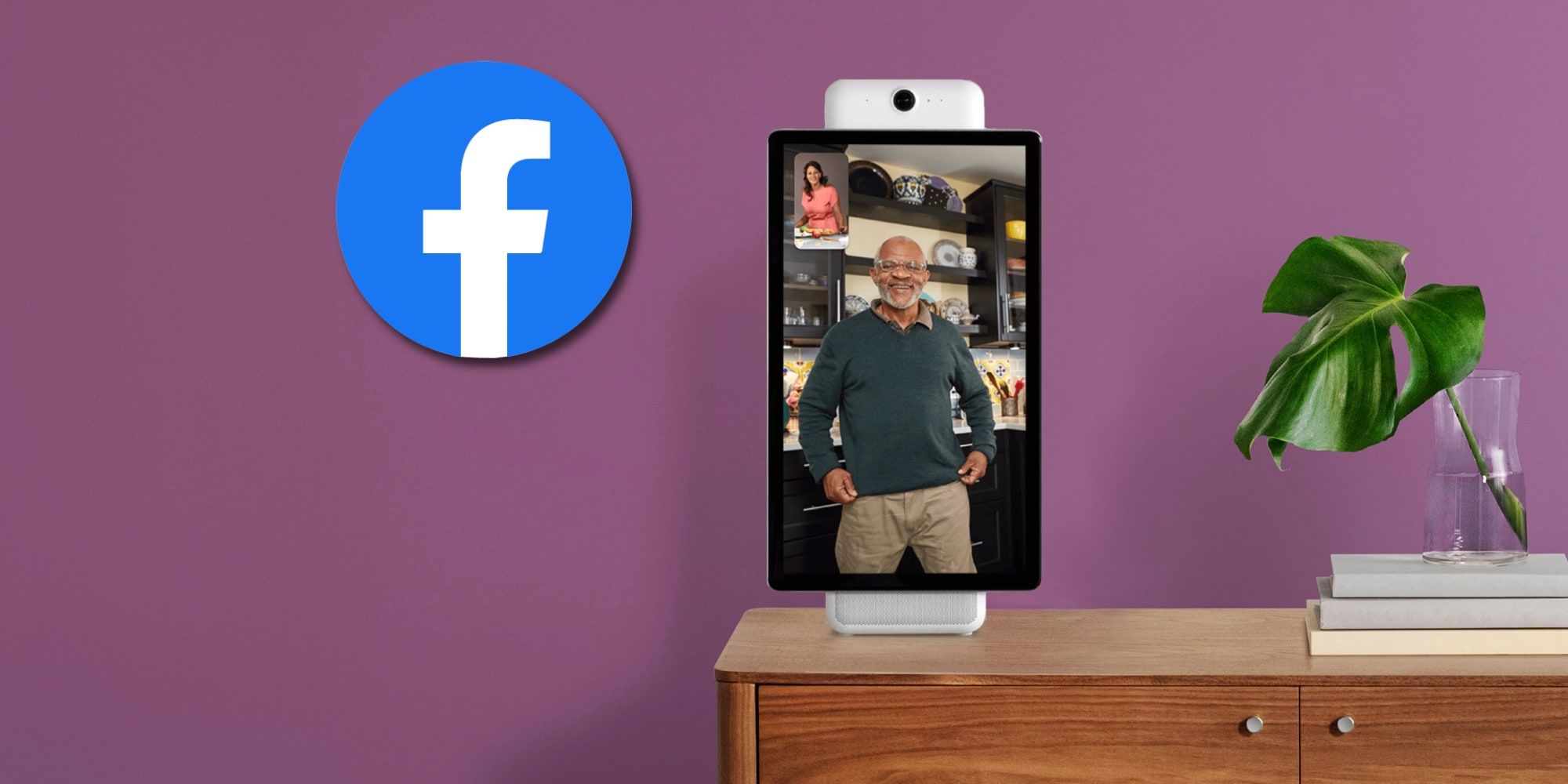 A Facebook Portal device on a cabinet