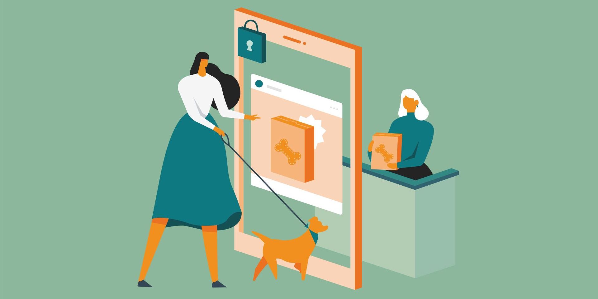 Facebook personalized advertising graphic (woman walking dog interacts with seller of dog bones)