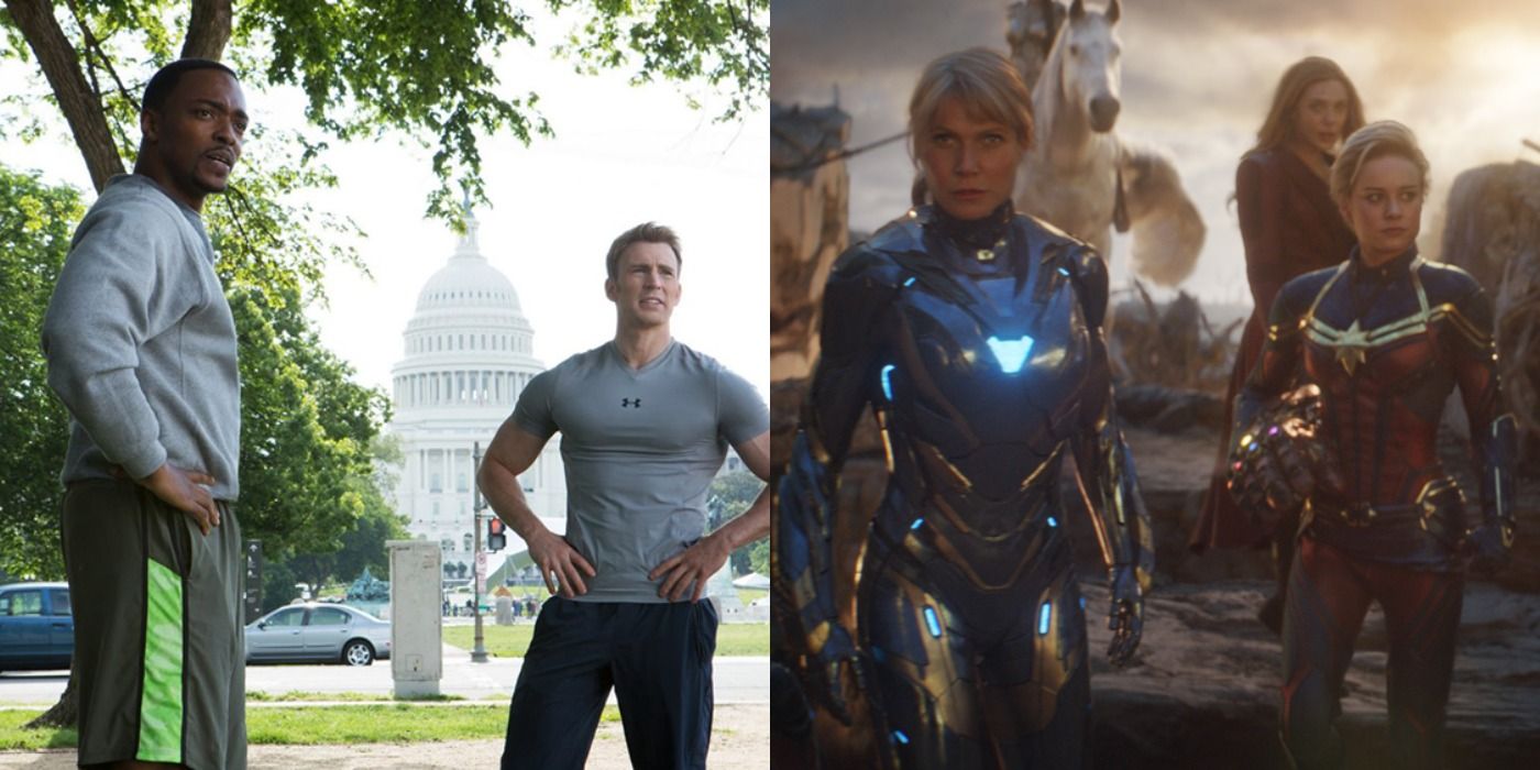 Falcon and Captain America in Washington and Pepper Potts and Captain Marvel in Endgame collage