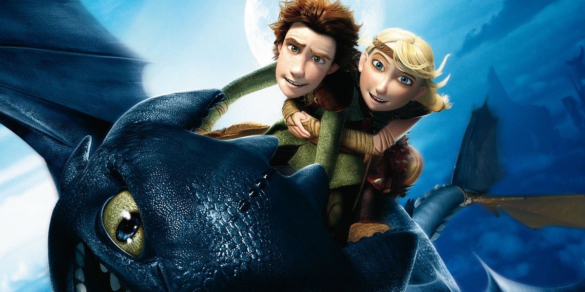 Hiccup and Astrid riding Toothless in How to Train Your Dragon