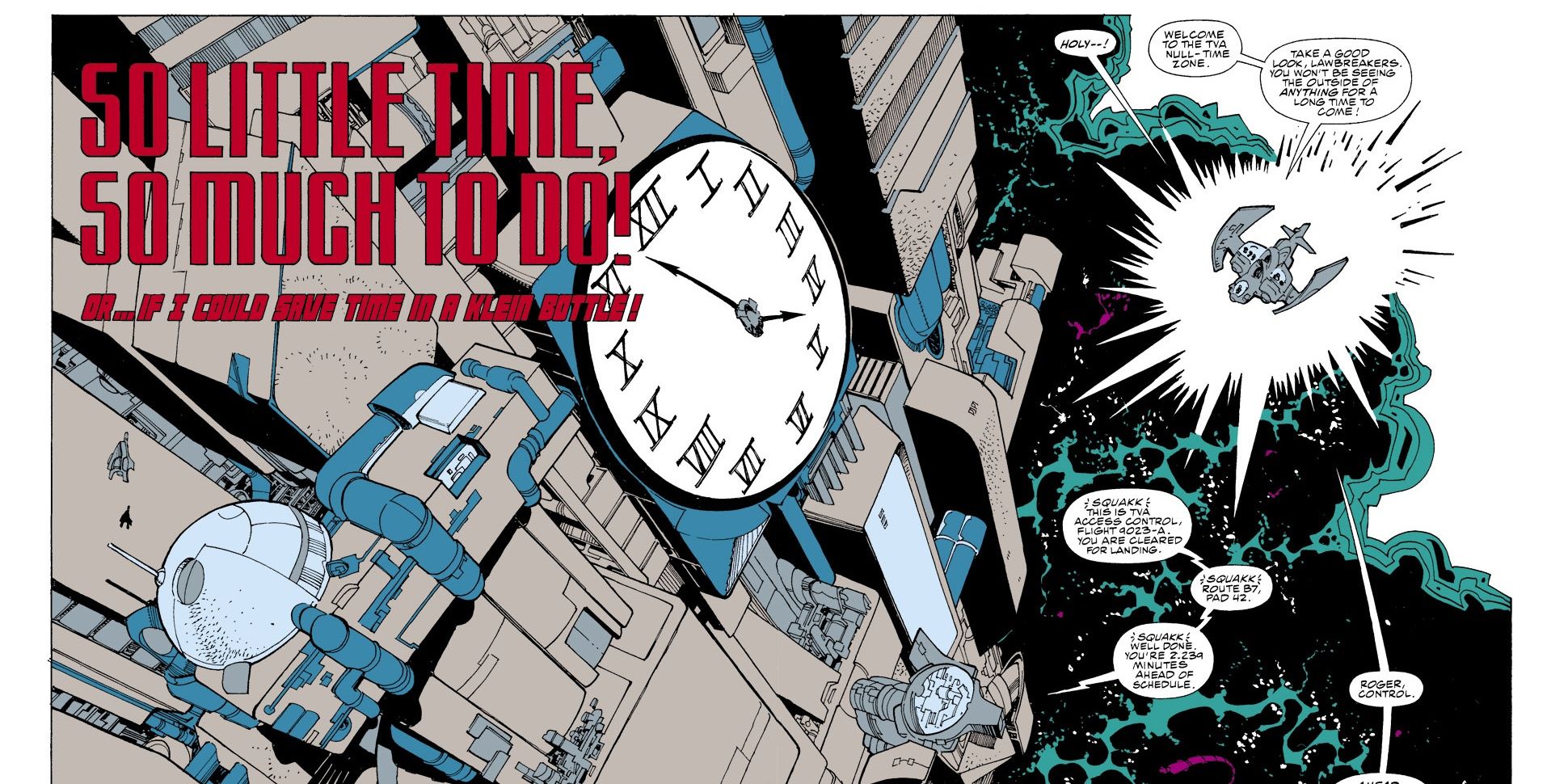 Fantastic Four Vol 1 353 Time Variance Authority Null-Time Zone large clock on a building in space