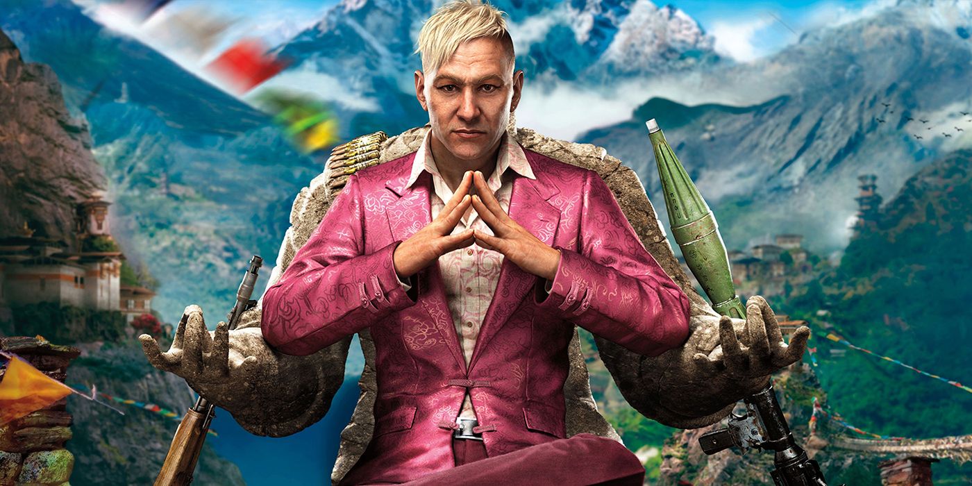 Pagan Min putting his fingers together in a poster for Far Cry 4