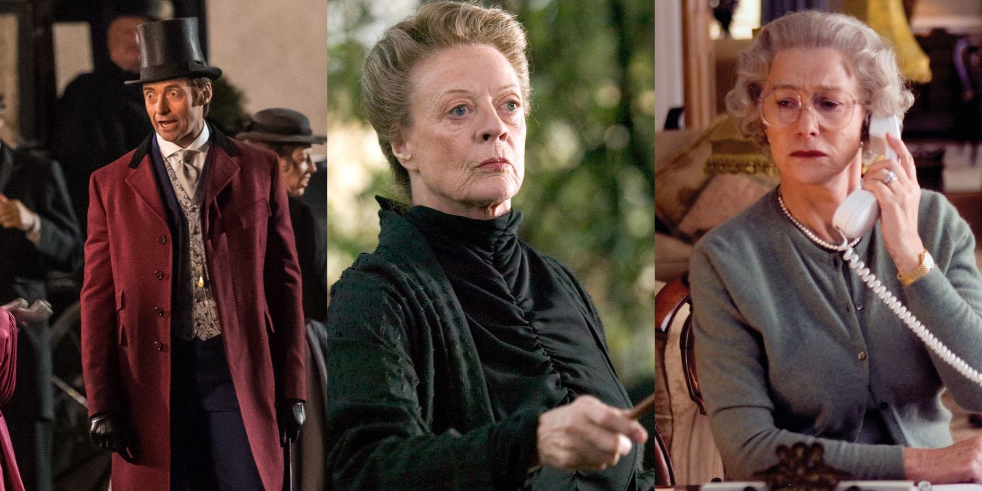 Hugh Jackman, Maggie Smith, Helen Mirren in 3 split images