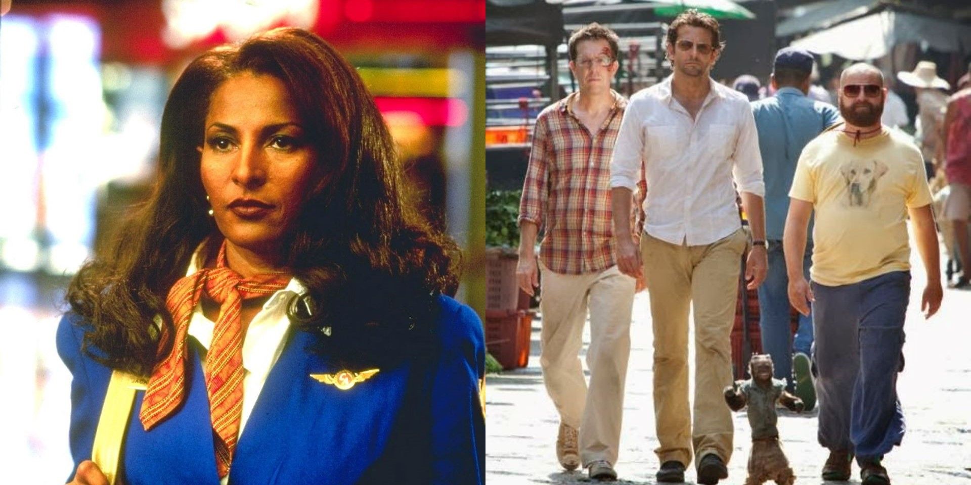 Two images featuring scenes from Jackie Brown & The Hangover