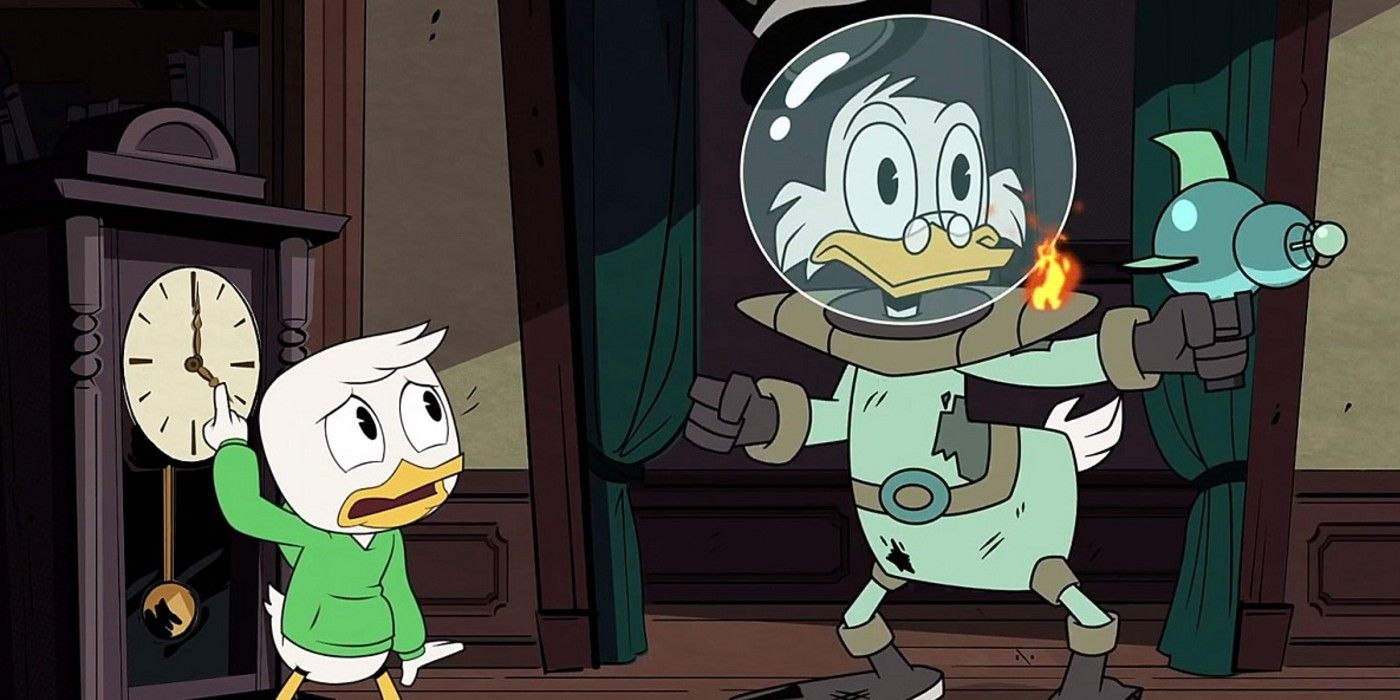 Scrooge McDuck with his nephew in DuckTales 
