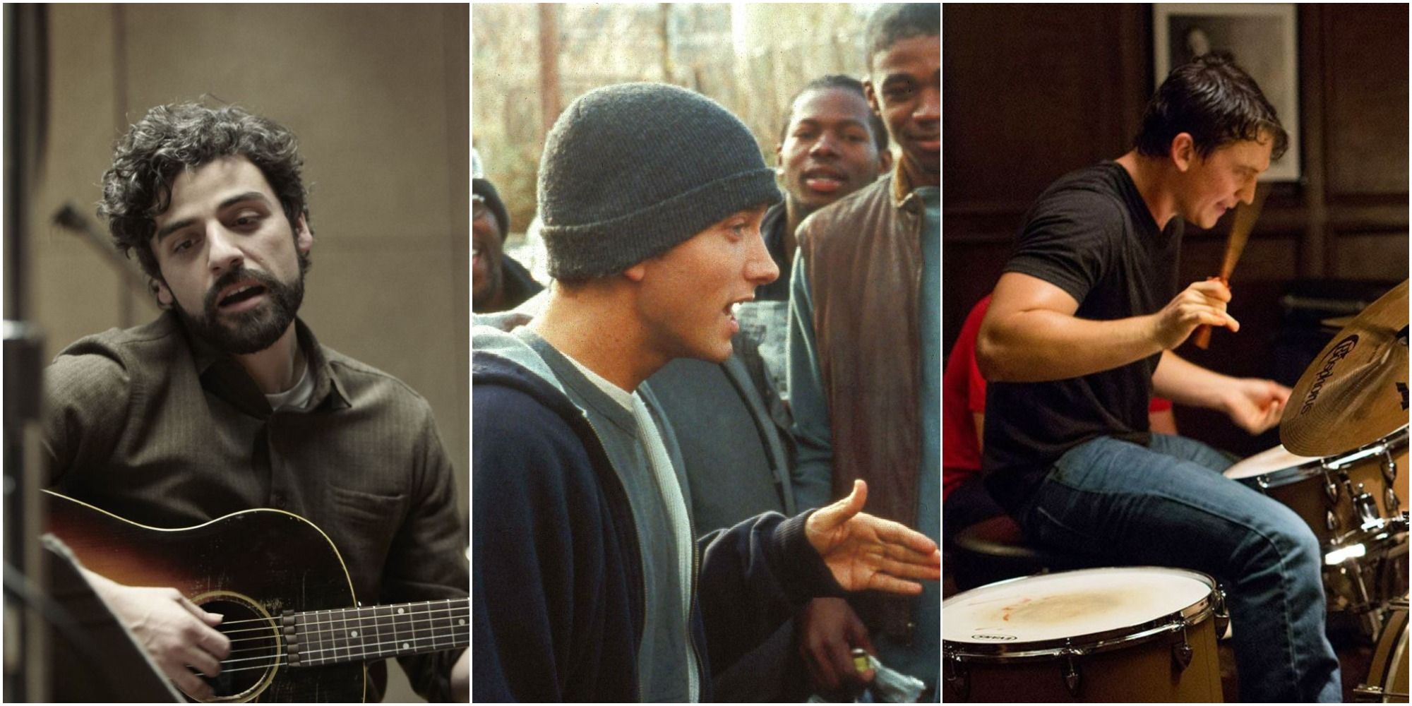 Oscar Isaac on Inside Llewyn Davis, Eminem in 8 Mile, and Miles Teller in Whiplash collage