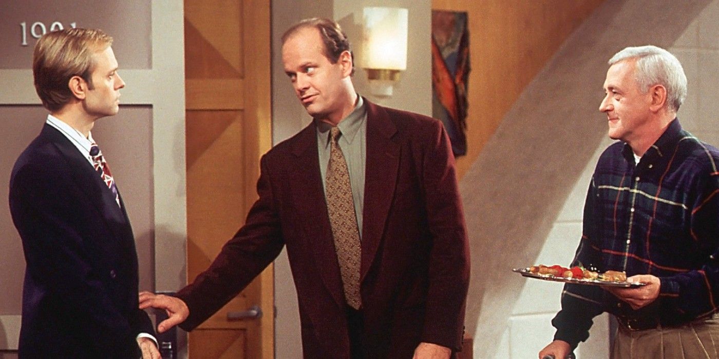 Niles, Martin and Frasier talking in the hallway