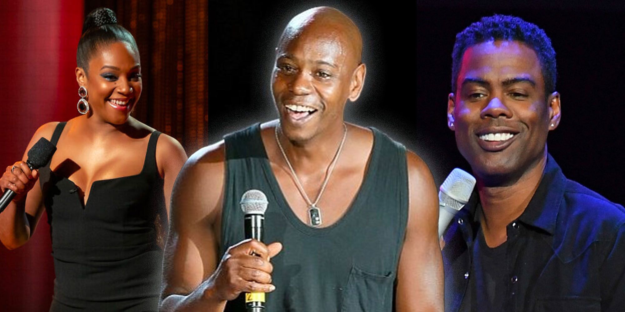 A collage of Tiffany Haddish, Dave Chappelle and chris Rock doing stand-up