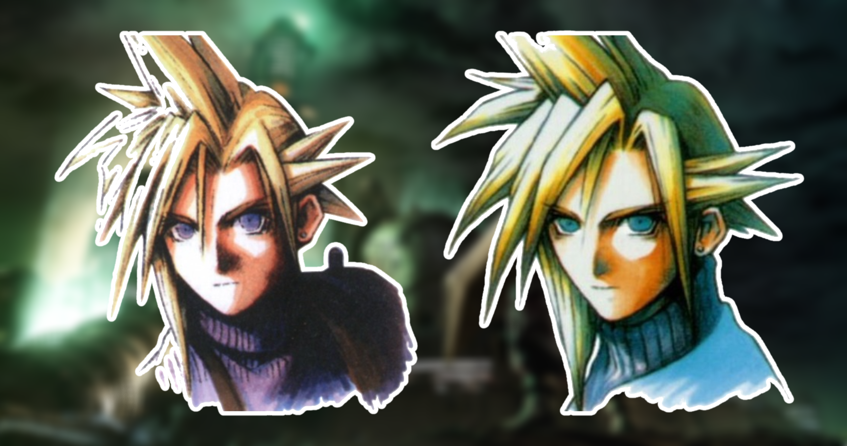 Two pictures of Cloud Strife from Final Fantasy 7 are overlaid over Midgard,