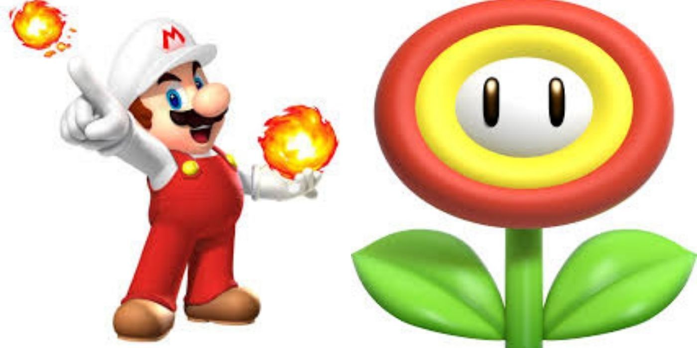 Split image of Mario and Fire Flower