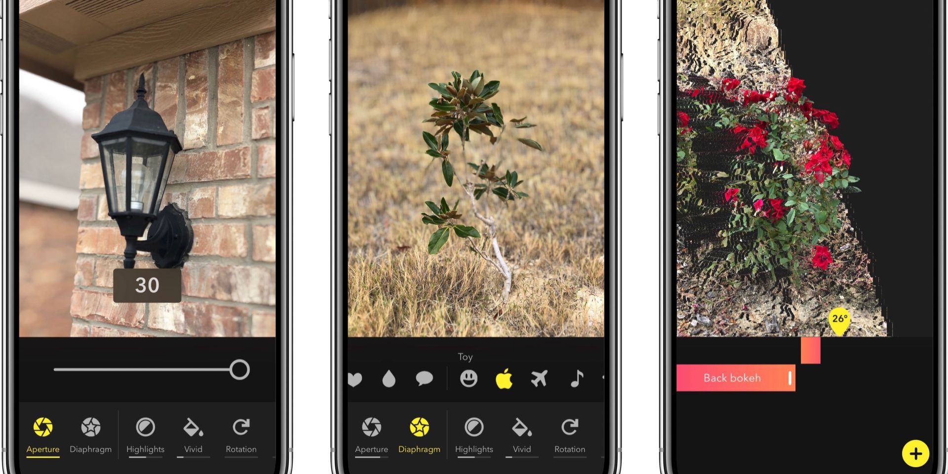 Screenshots of the photo editing app Focos.