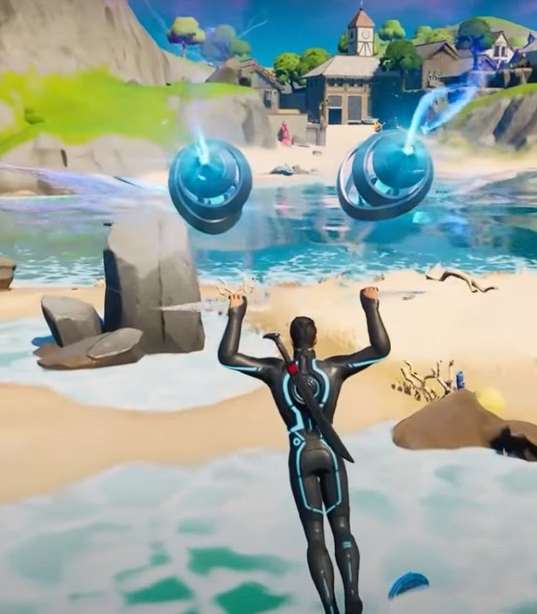 A player glides to a Blue XP Coin in the ocean waters in Fortnite Season 5