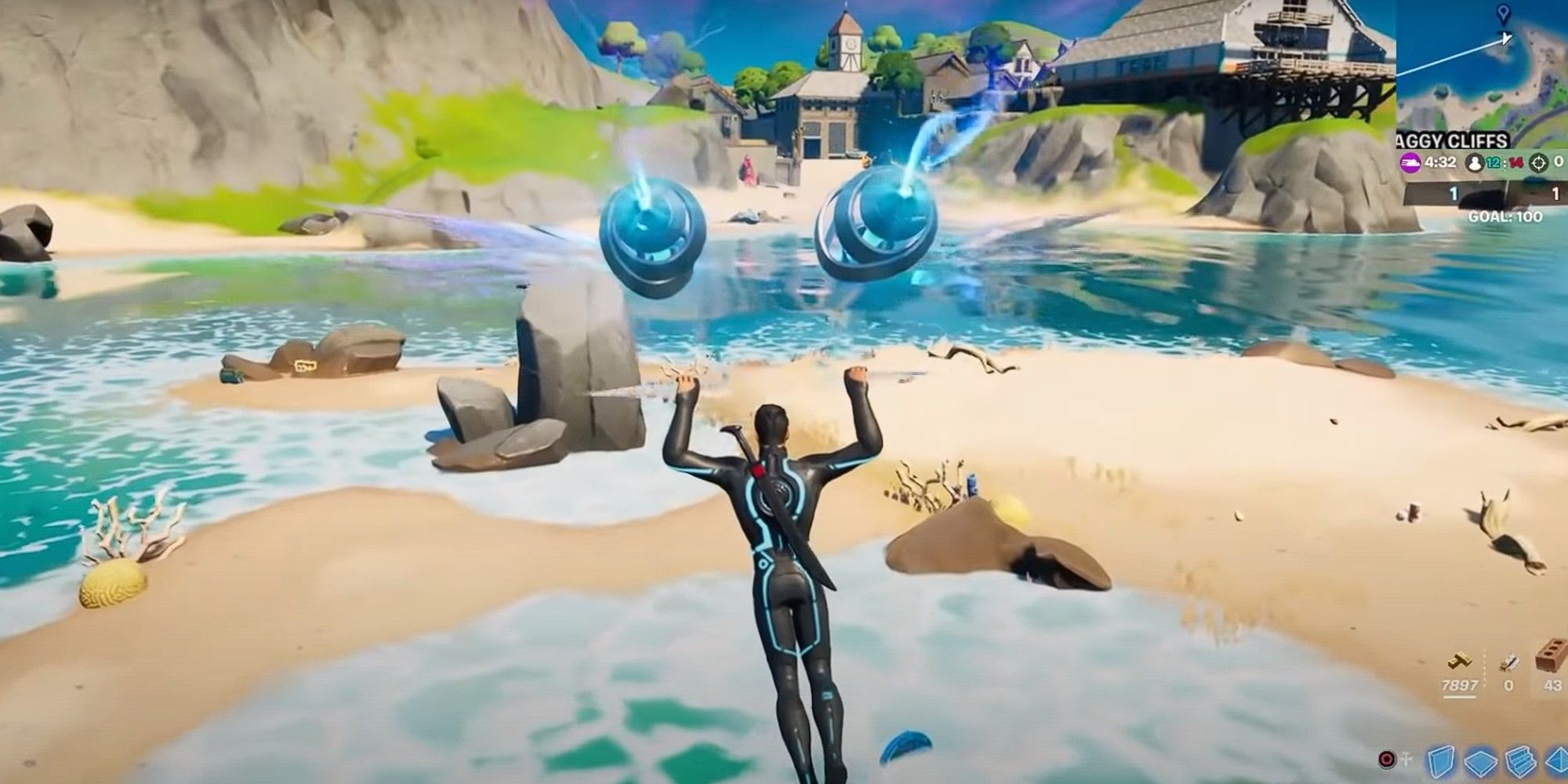 A player glides to a Blue XP Coin in the ocean waters in Fortnite Season 5