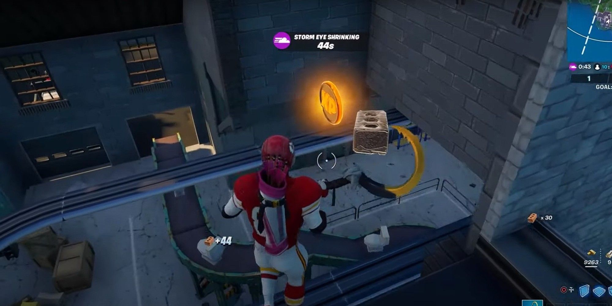 A player finds the Season 5 Week 10 Gold XP Coin at Flushed Factory in Fortnite