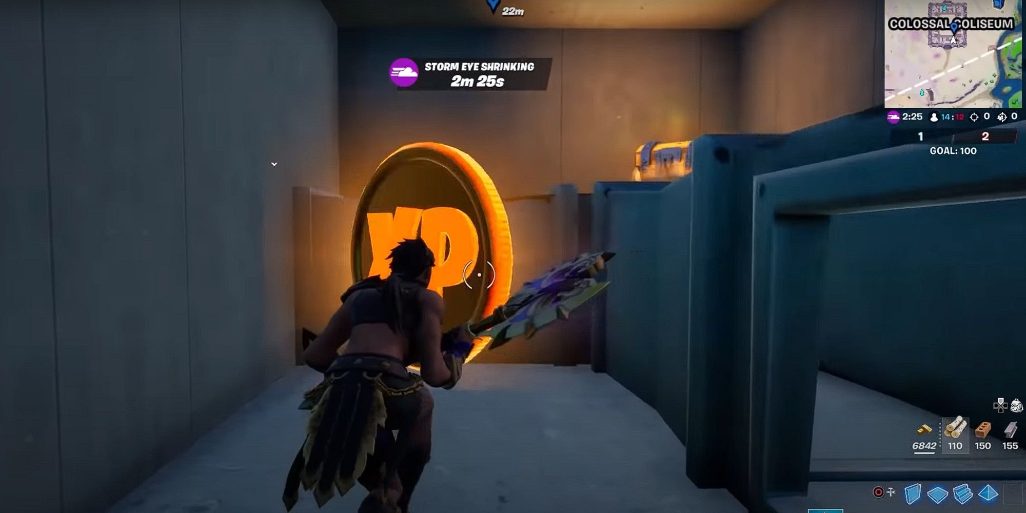 A player finds the Week 13 Gold XP Coin in the vent at Colossal Coliseum in Fortnite
