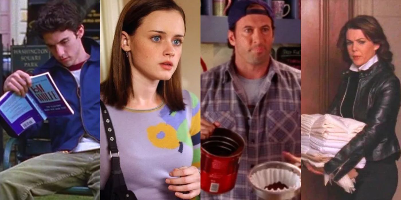 Four split images of Rory and Lorelai with Jess and Luke on Gilmore Girls