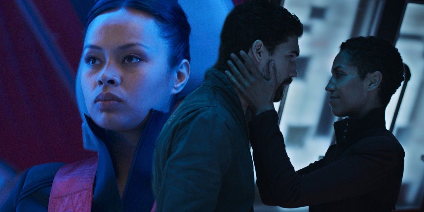 Frankie Adams as Bobbie Draper, Steven Strait as James Holden and Dominique Tipper as Naomi in The Expanse