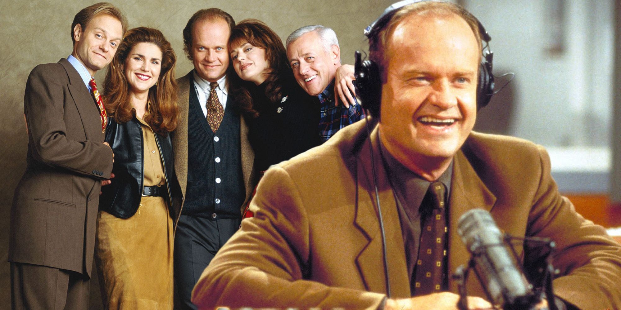 Frasier doing talk show with cast in the background