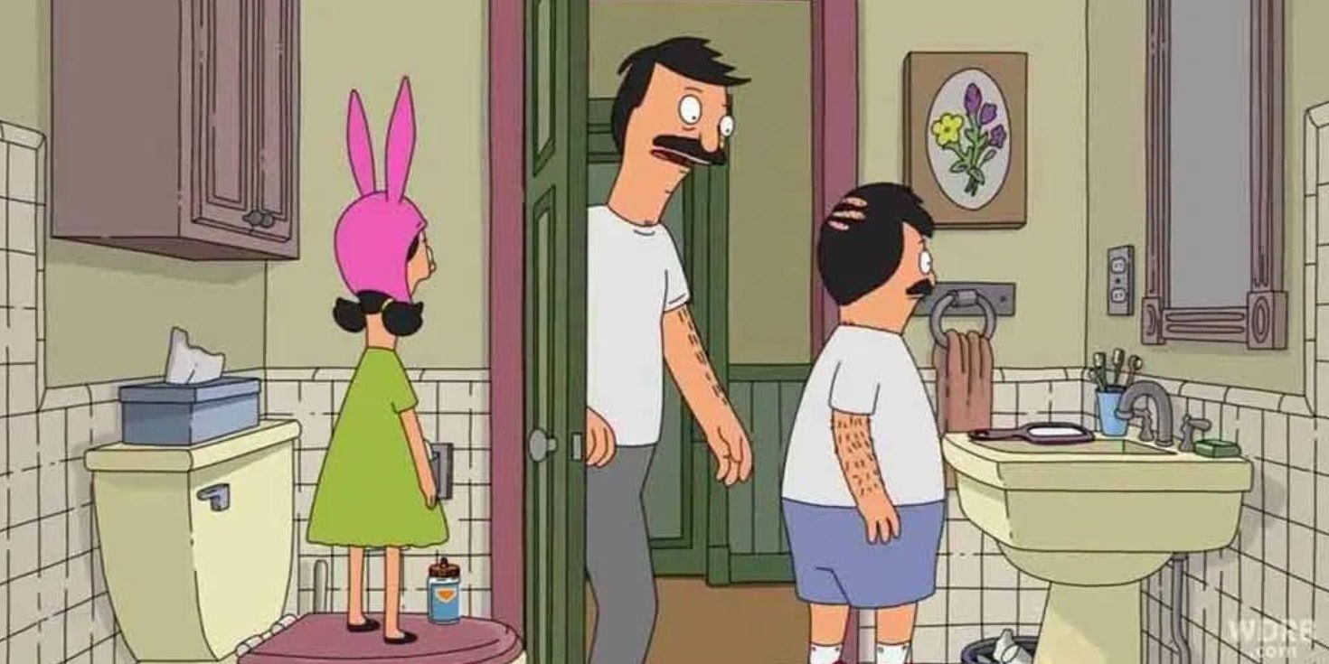 Gene turns himself into Bob as Louise watches on in the bathroom. 
