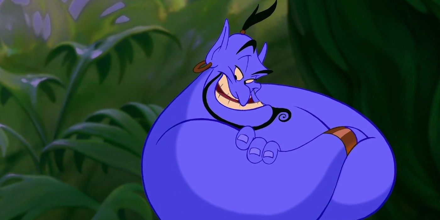 Genie with arms folded in front of greenery in Disney's Aladdin