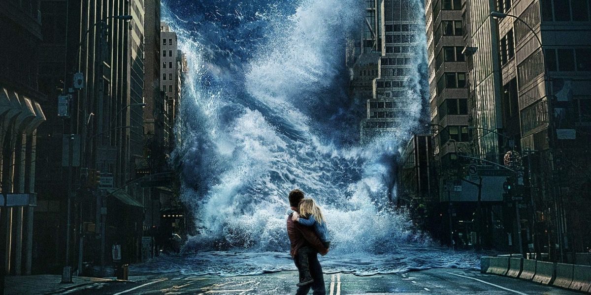 A man holding his child in front of a tidal wave in Geostorm.