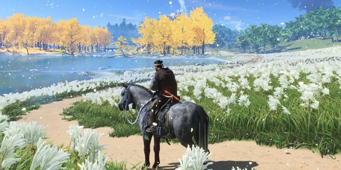 Jin Sakai riding a horse down a field of flowers