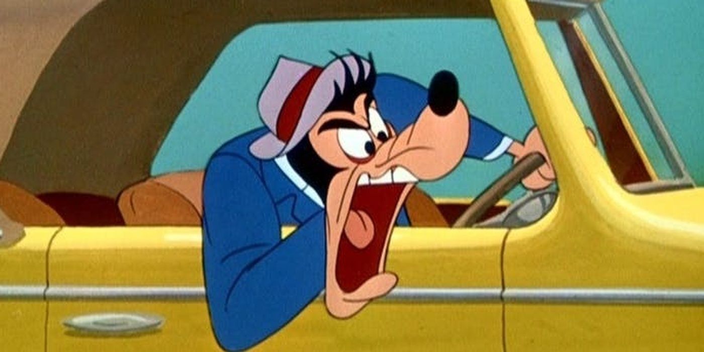 Disney's Goofy with road rage in a yellow car