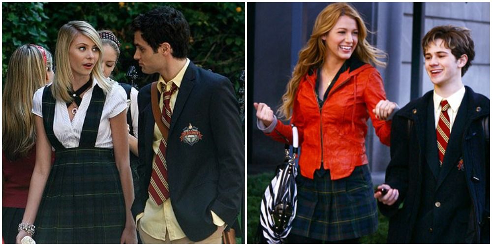 Jenny & Dan from Gossip Girl in school uniforms; Serena in red jacket with Eric in school uniform.