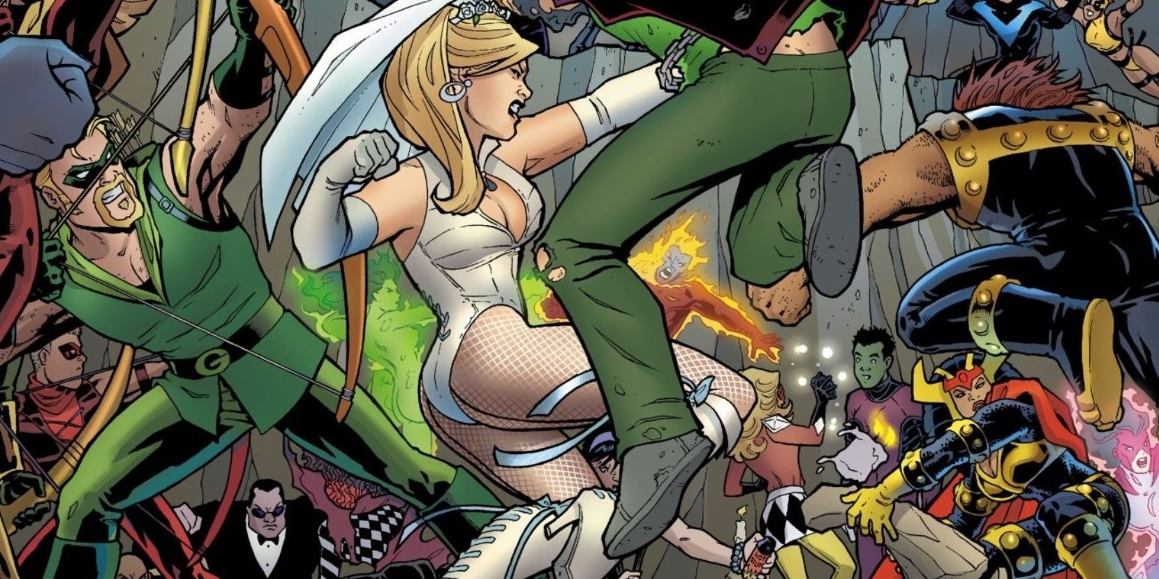 green arrow and black canary fighting at their wedding in DC Comics