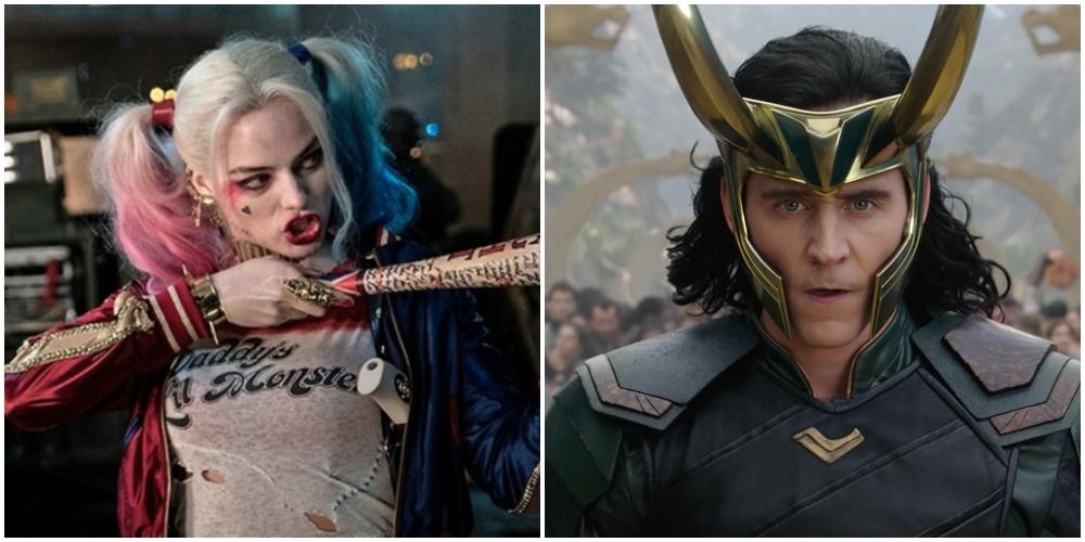 Margot Robbie as Harley Quinn and Tom Hiddleston as Loki