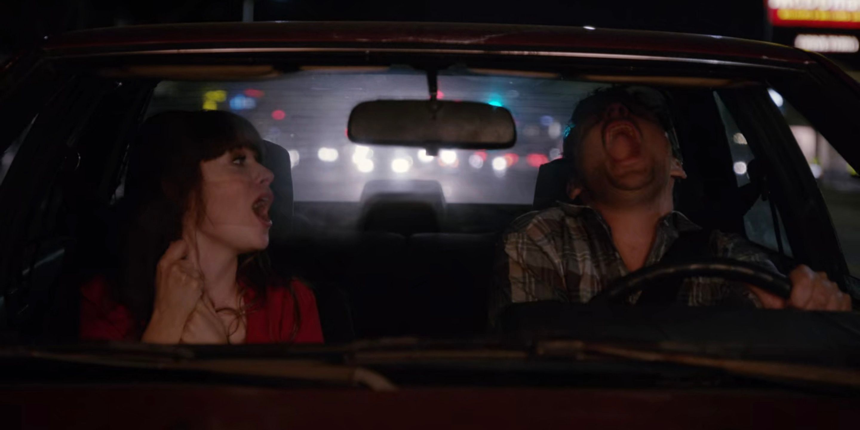Nick and Jess scream in a car