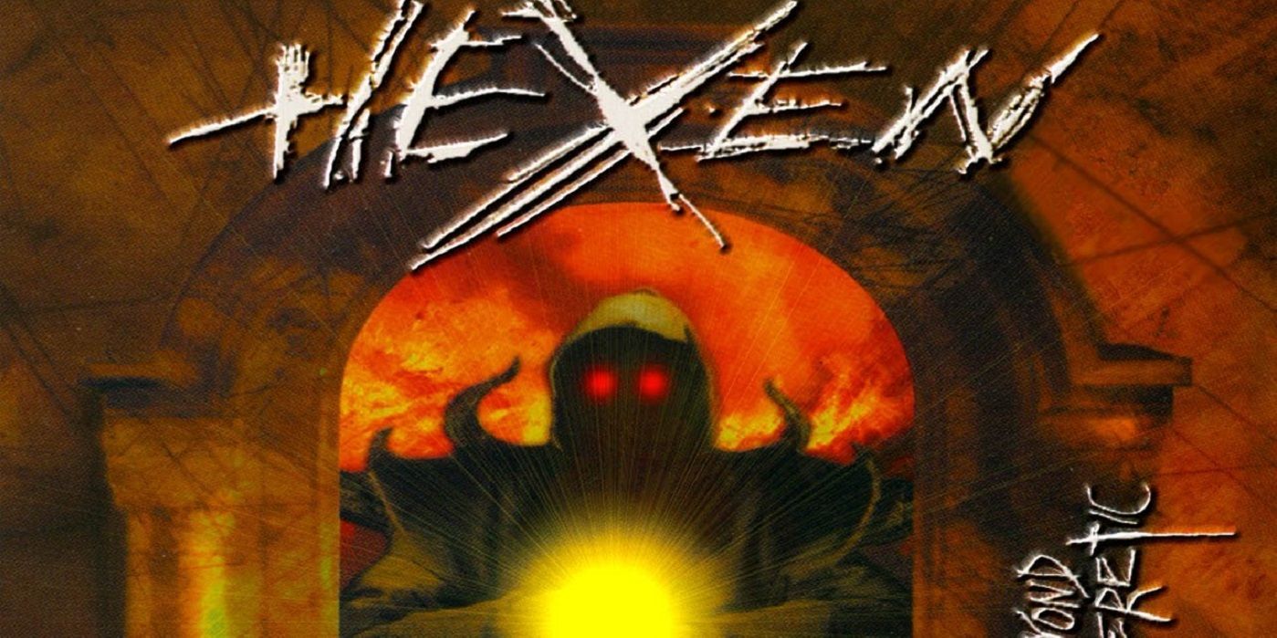 A hooded figure with glowing eyes summons a ball of light on the box art for Hexen.