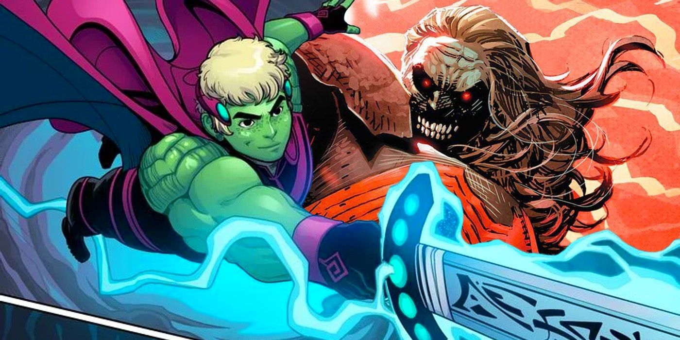 Hulkling flies with a giant glowing blue sword as a villain approaches in a Marvel comic book.