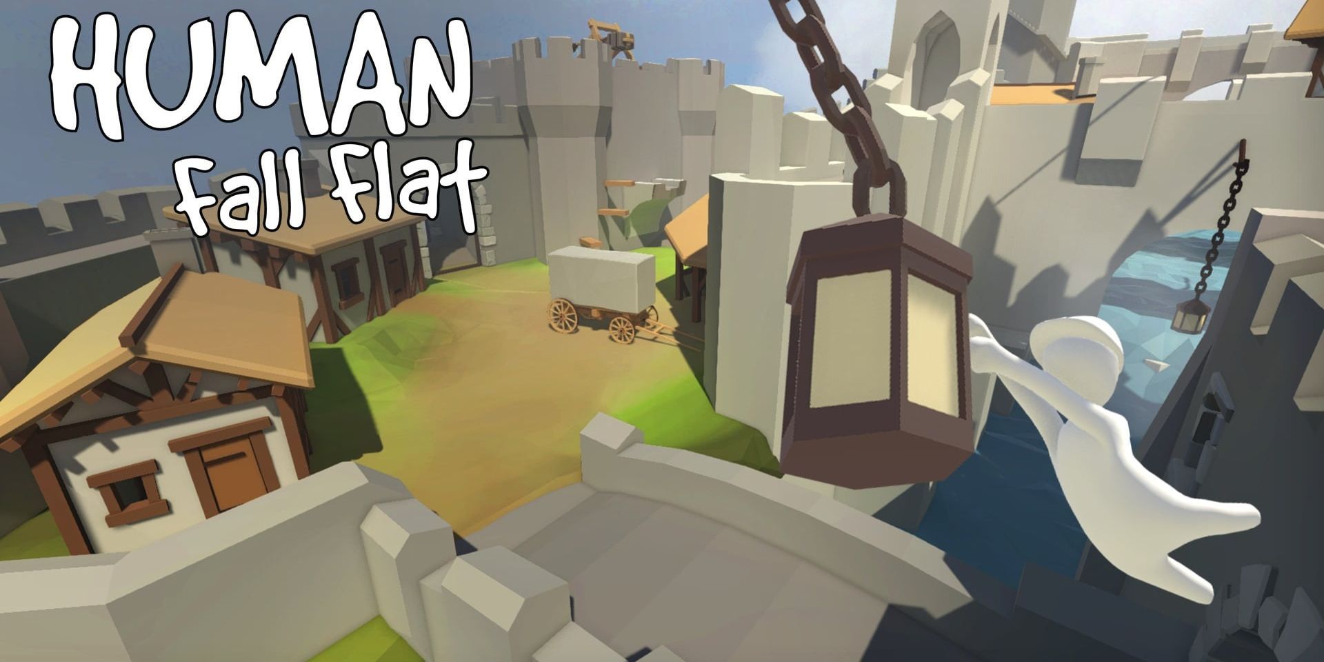The title card for Human Fall Flat, showing a white humanoid hanging holding onto a swinging lantern over a bridge and water
