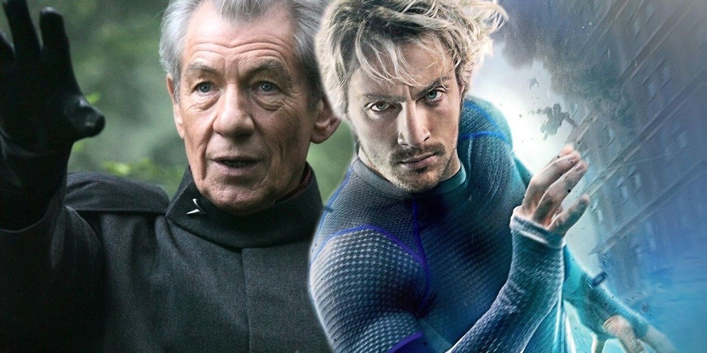 Ian McKellen as Magneto in X-Men and Aaron Taylor-Johnson as Pietro Maximoff Quicksilver in Avengers Age of Ultron
